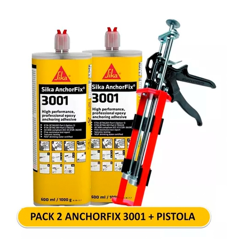 PACK 2 SIKA ANCHORFIX 3001 + PISTOLA - Adhesivo de Anclaje Epóxico, Cartucho 600ml.