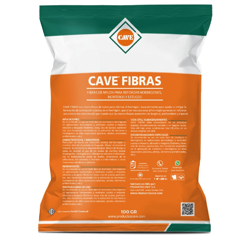 CAVE FIBRAS - Micro fibras sintéticas para reforzar hormigones, morteros y estucos, Bolsa 100Gr